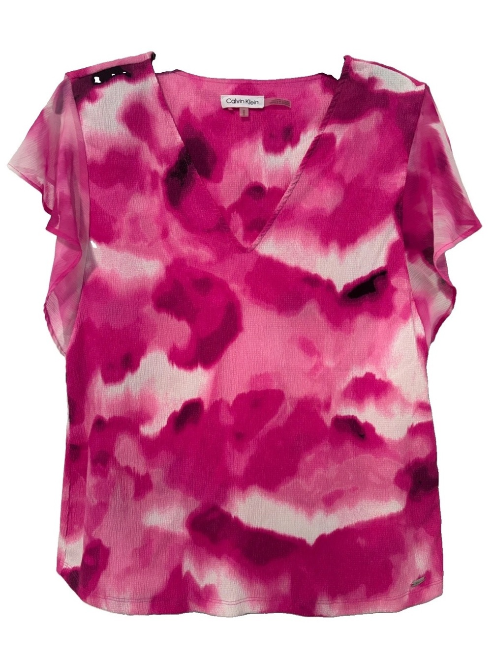 Calvin Klein Fuchsia Pink Abstract Watercolor V-Neck Flutter Sleeve Blouse Top